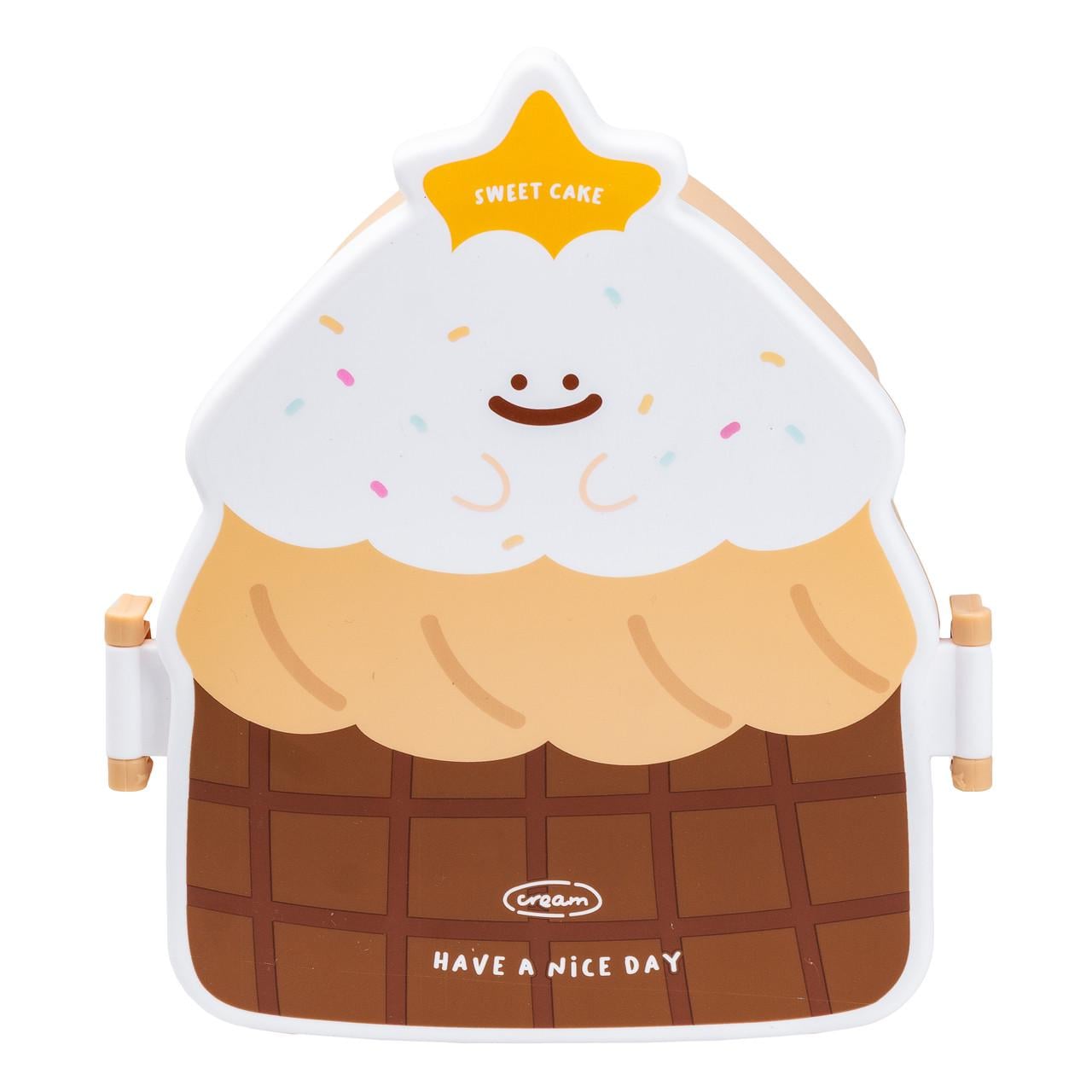 Ланч-бокс детский Пирожное на две секции пластиковый с вилкой и ложкой 950 мл Коричневый (4552)