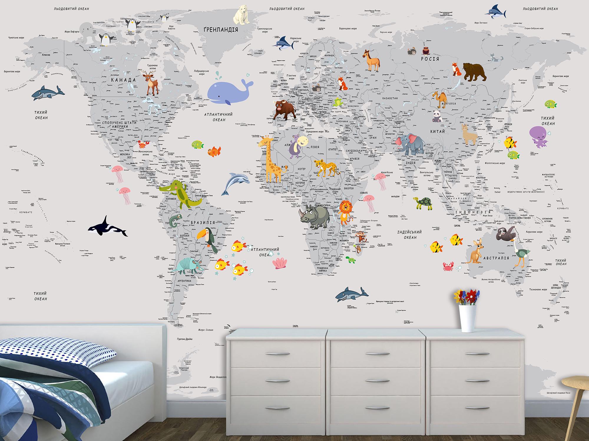 Фотошпалери флізелінові Upstream Дитяча мапа світу з смішними тваринами 180х120 см (WMK-017/2) - фото 4