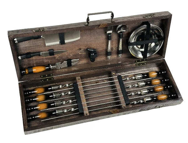 Набір шампурів у кейсі Голд середній дерев'яний з нержавіючої сталі (2-10-KS-7606) - фото 4 Набір шампурів у кейсі Голд середній дерев'яний з нержавіючої сталі (2-10-KS-7606) - фото 4