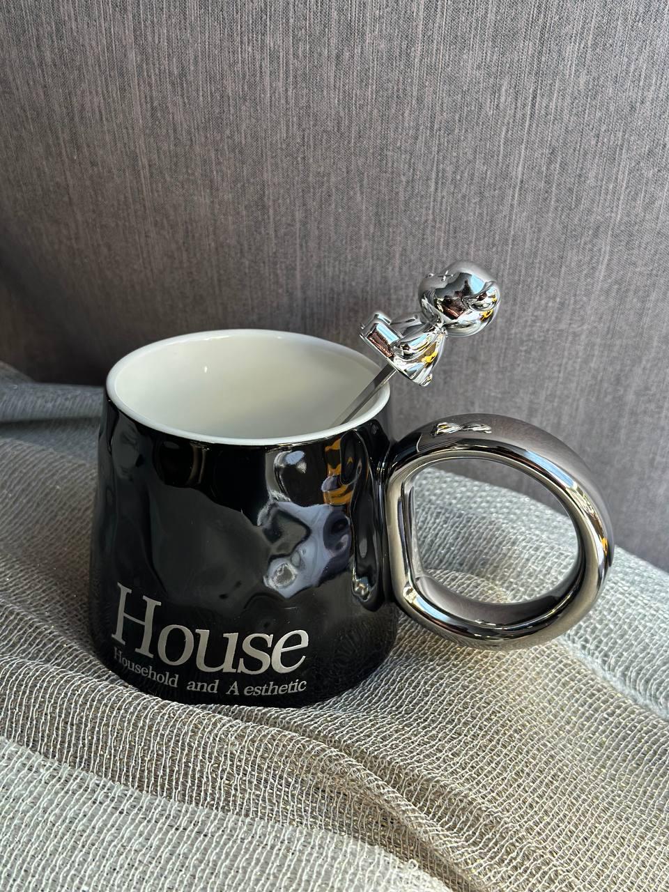 Чашка Мишка House с ложкой керамика 350 мл Черный