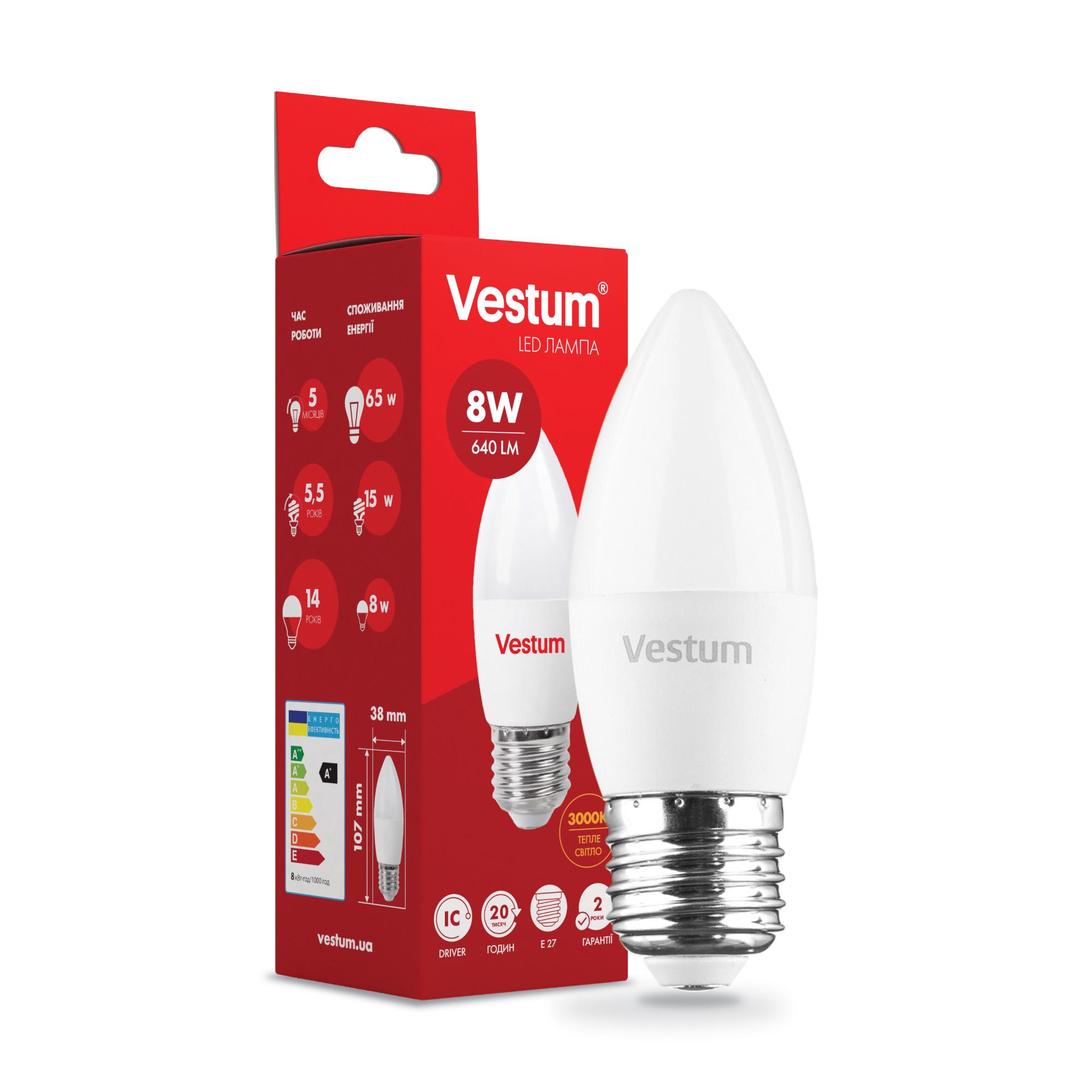 Лампа LED Vestum C37 8 W 3000K 220 V E27