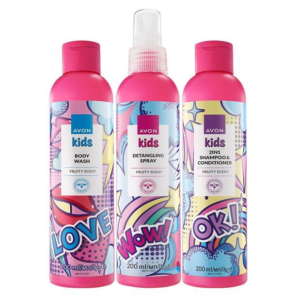 Набір дитячої косметики Avon Kids Floral Fruity з фруктовим ароматом 3в1 шампунь 200 мл/гель для душа 200 мл/спрей для полегшення розчісування волосся 200 мл (AV9805285)