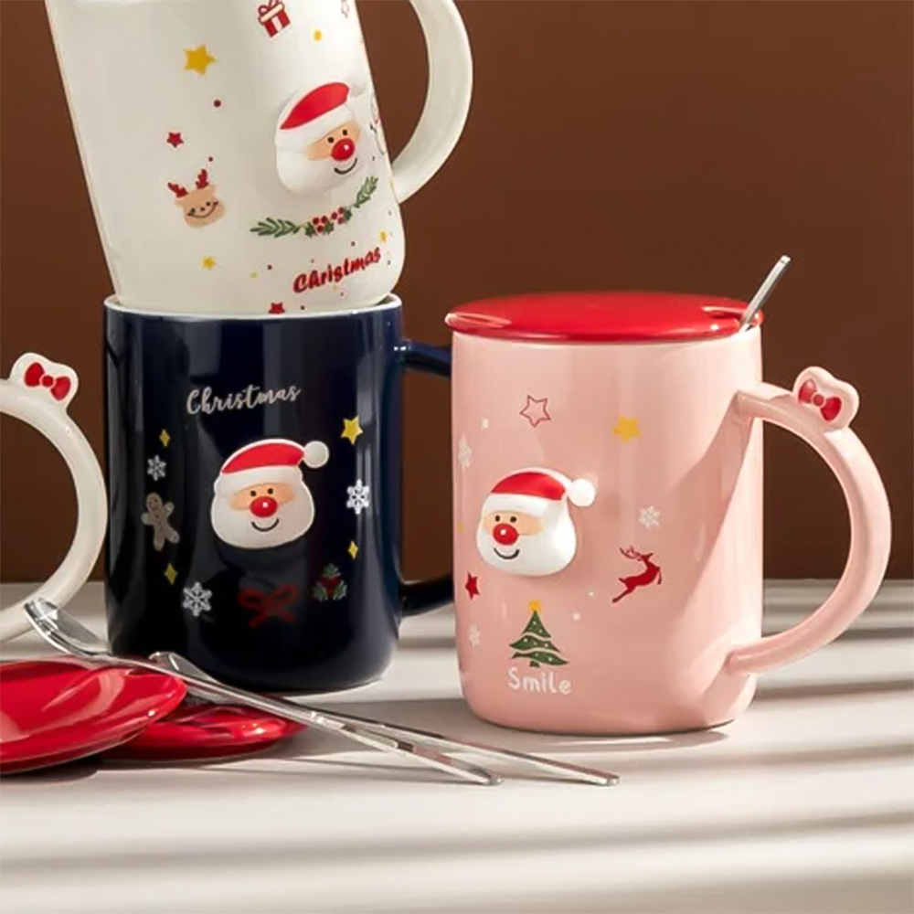 Чашка новогодняя с крышкой и ложкой Санта керамика 360 мл Розовый - фото 9