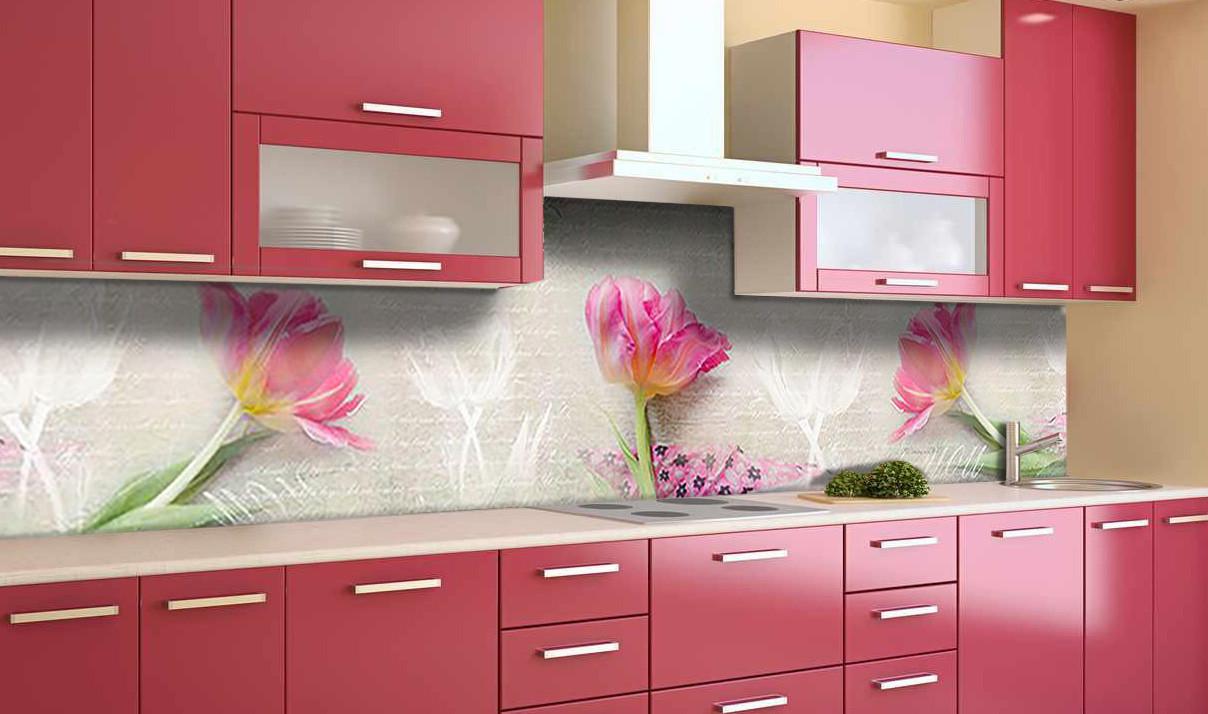 Кухонный фартук Пушистые тюльпаны из самоклеющейся виниловой пленки 60х300 см Бежевый