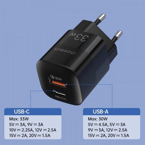 Зарядний пристрій Choetech PD5006-EU-BK 1хUSB-C 1xUSB 33 W PD QC3,0 Чорний (568707) - фото 4