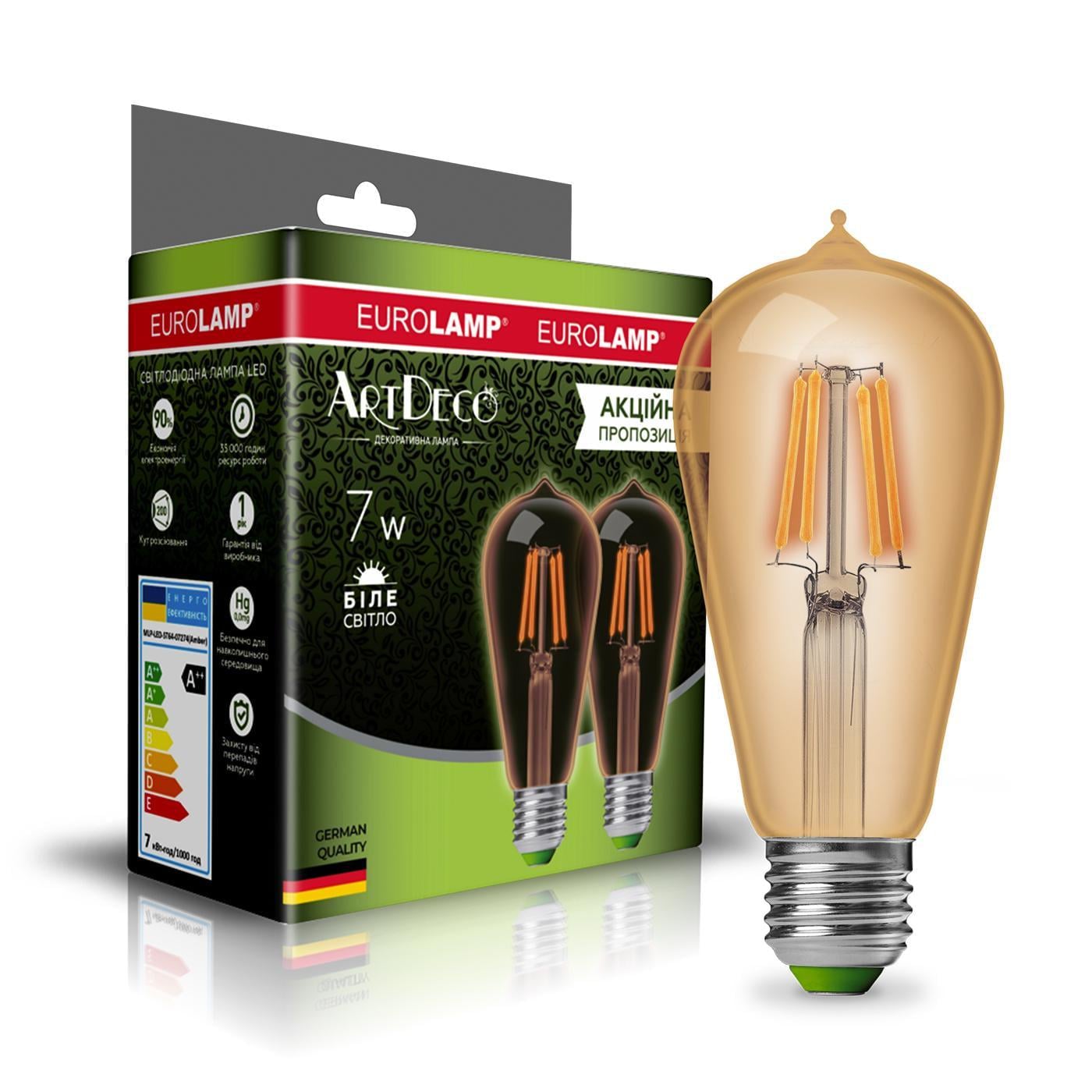 Лампа филаментовая Eurolamp Deco LED ST64 7W E27 4000K 2 шт. (36813163)