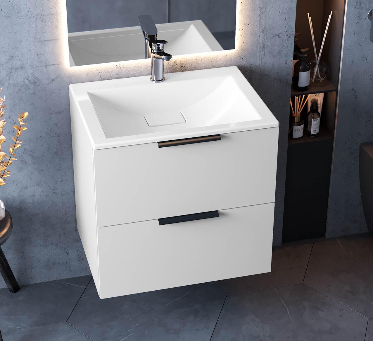 Тумба лакированная подвесная Luxor Tina 60 с умывальником Veo Low 60 (39109)