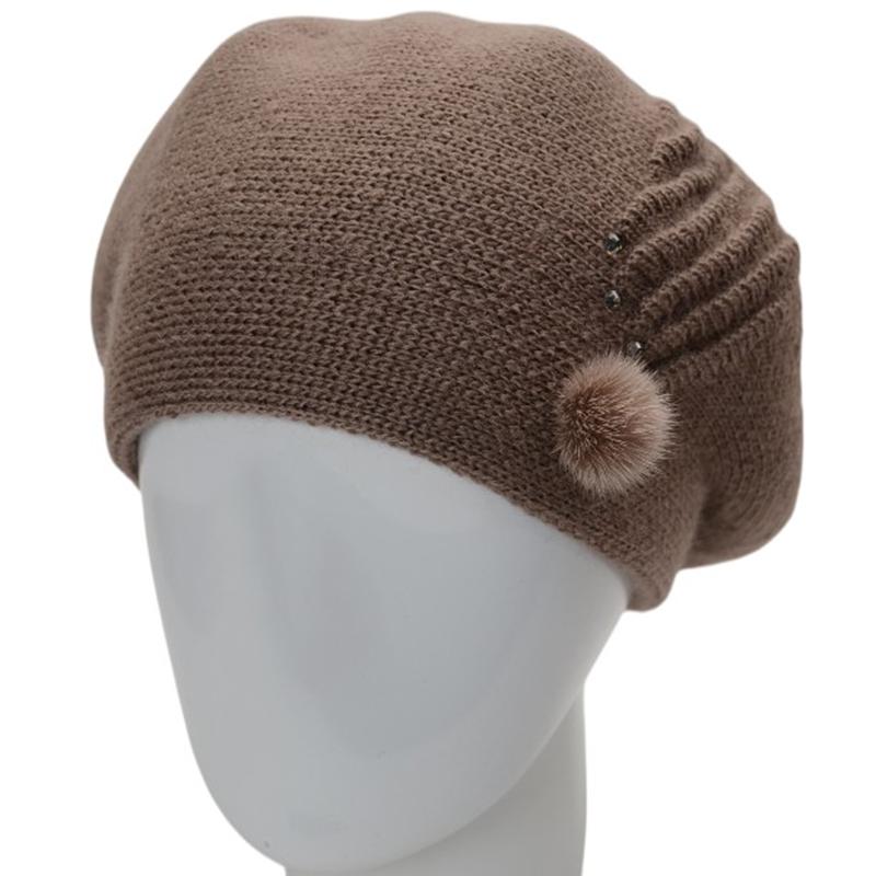 Берет женский двойной Lirus Ванеса с узором и стразами Темный пудровый