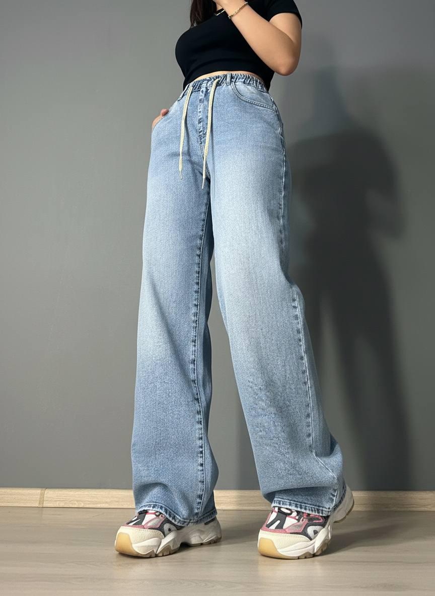 Джинсы женские Liana 1-047 палаццо с резинкой на талии большие размеры стрейчевые р. 34 Голубой (6742)