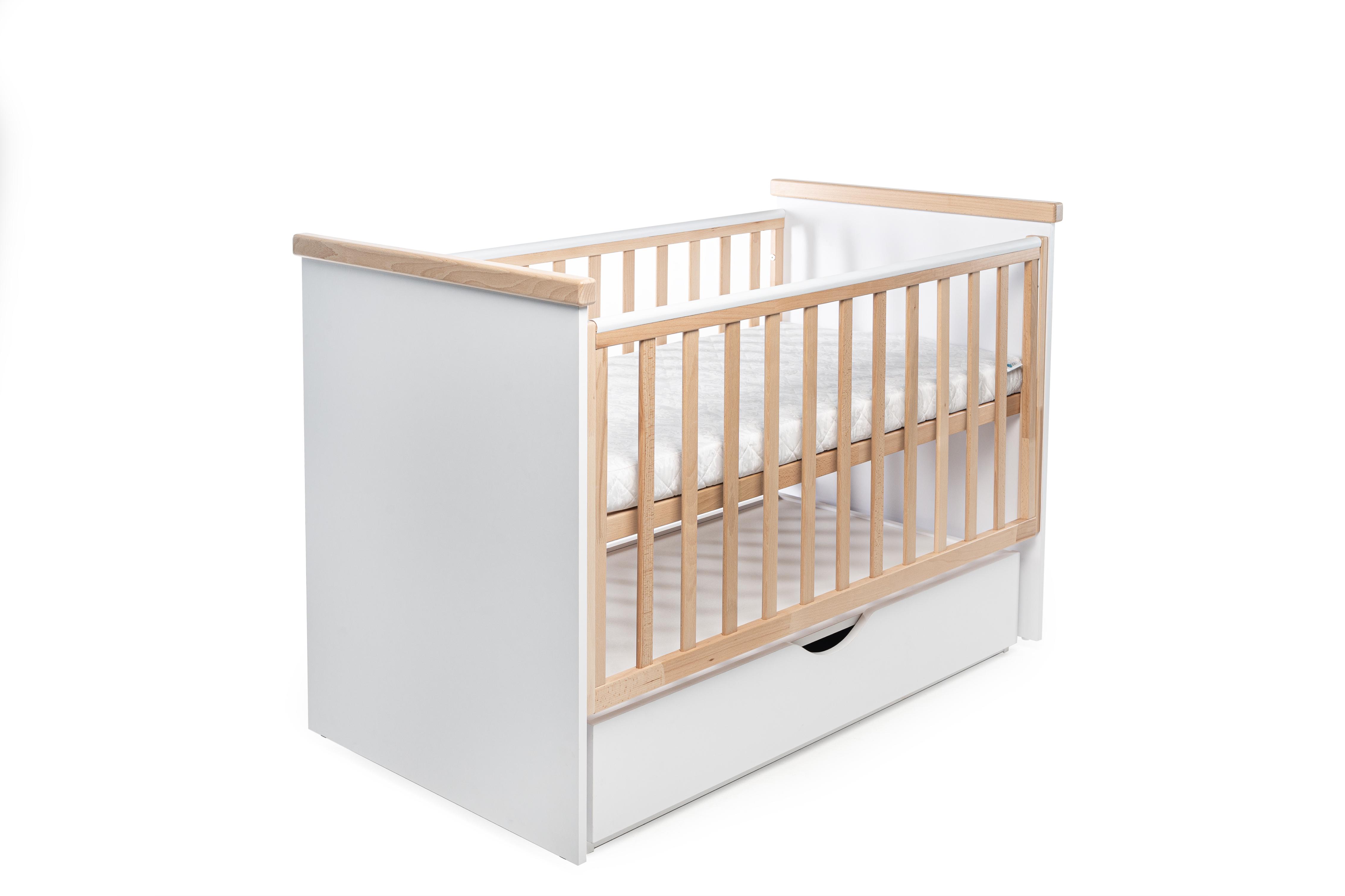 Детская кроватка-трансформер Колыбельная с ящиком Белый с натуральным (DS744)
