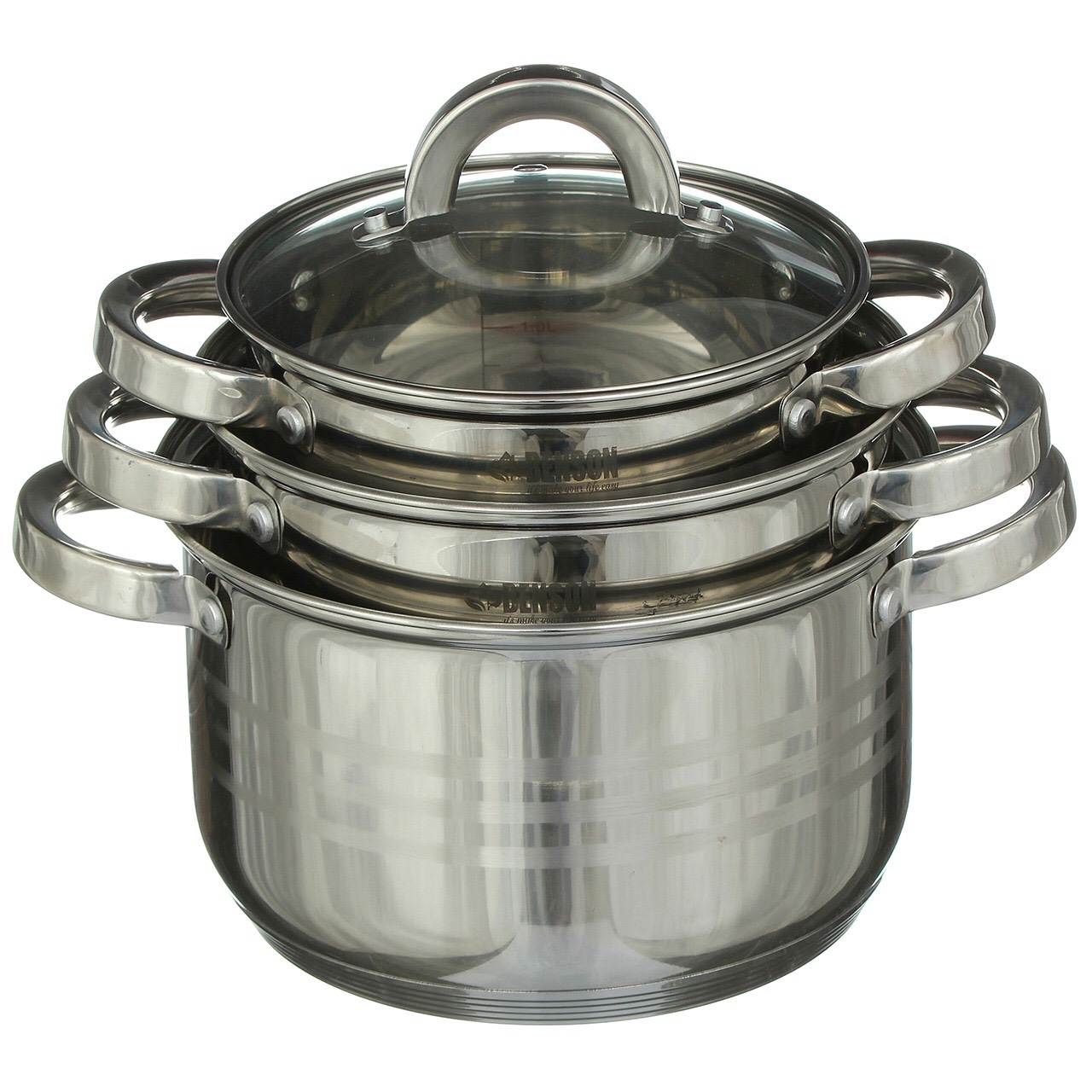 Набор кастрюль Benson BN-199 из тяжелой нержавеющей стали с многослойным дном 6 пр. 2,1/2,9/3,9 л Серебристый (BN-199)