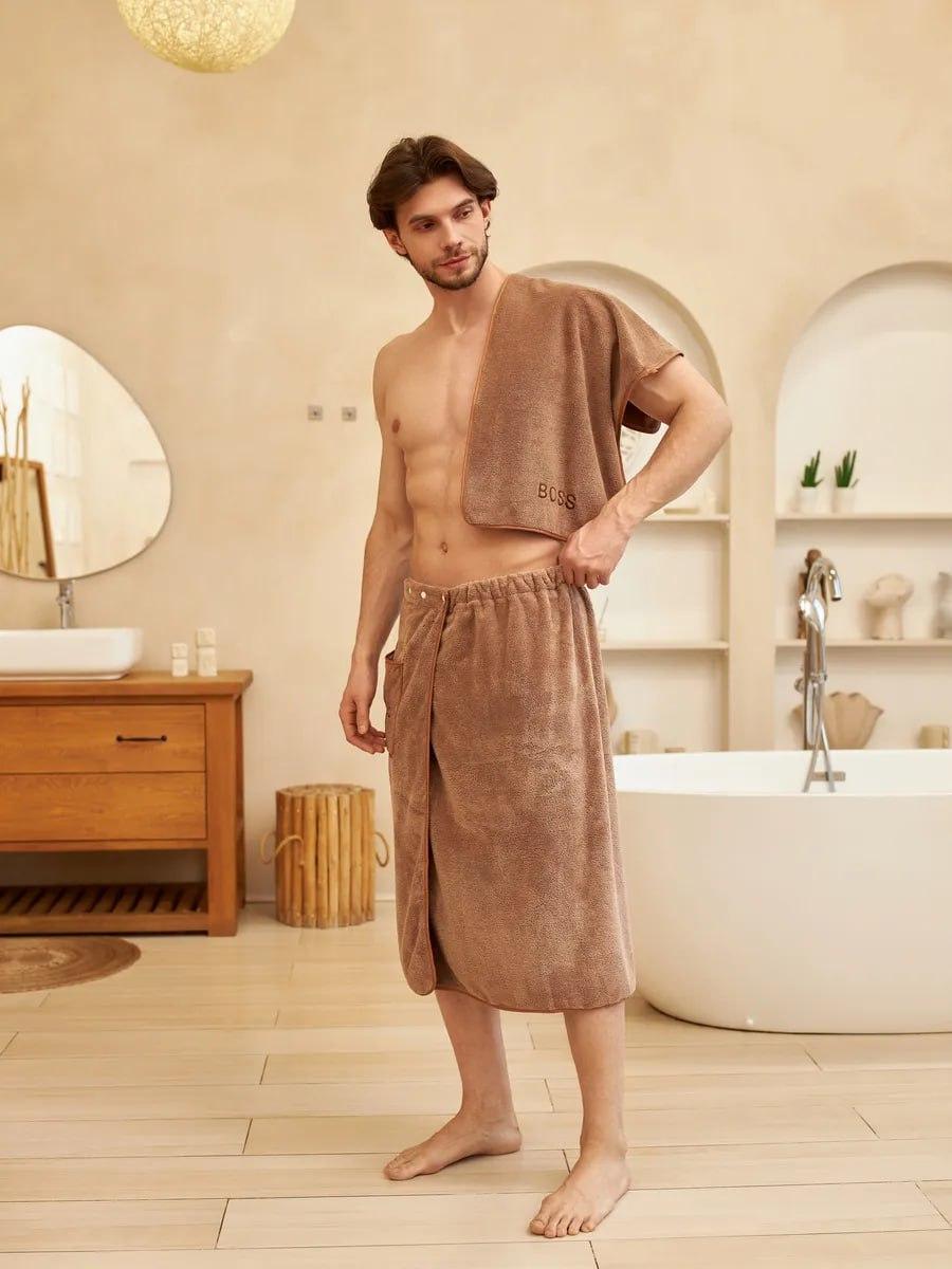 Банный комплект для мужчин микрофибра 85х150 см Бежевый (Д-novo-m-sauna-0040)