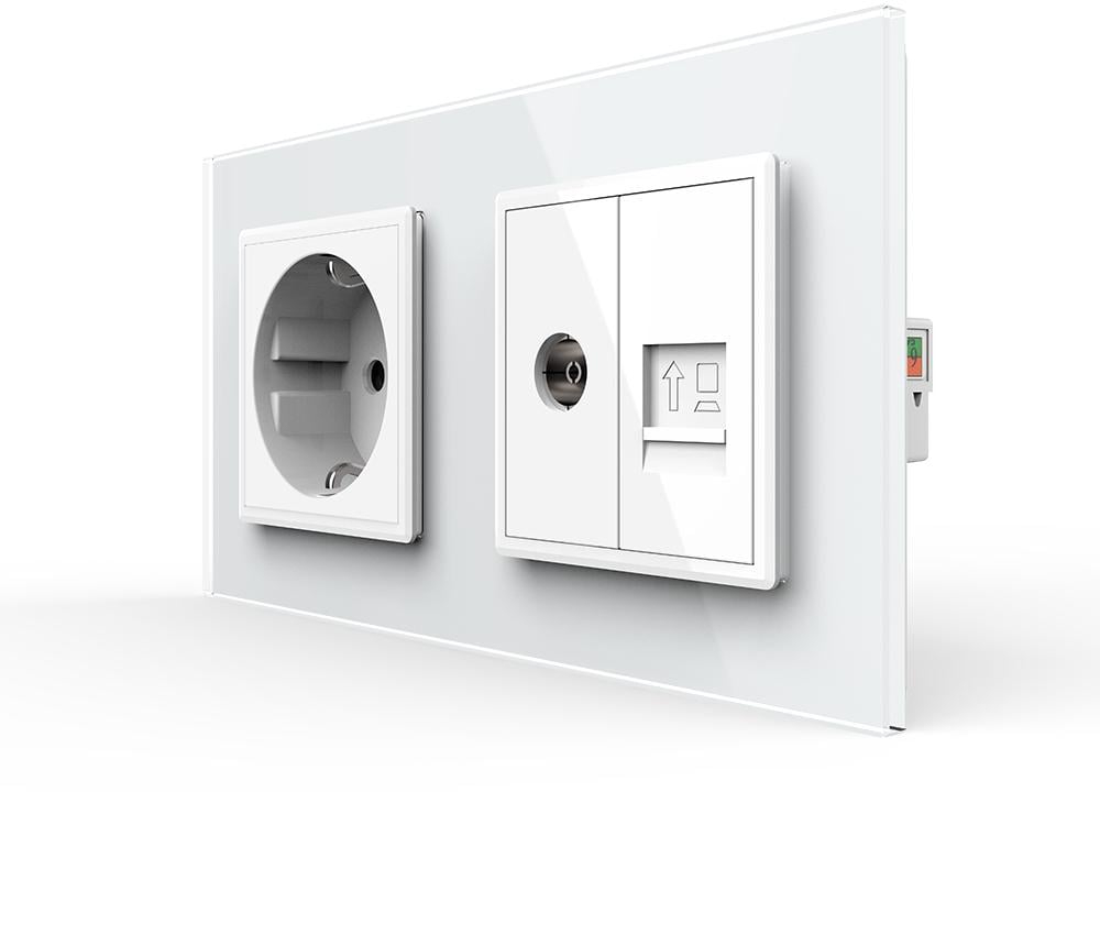 Розетка настенная LIVOLO силовая/интернет RJ-45/ТВ дизайнерская стеклянная рамка Белый (VL-C7FCTC16A/FCCP/FCTV-4WP)