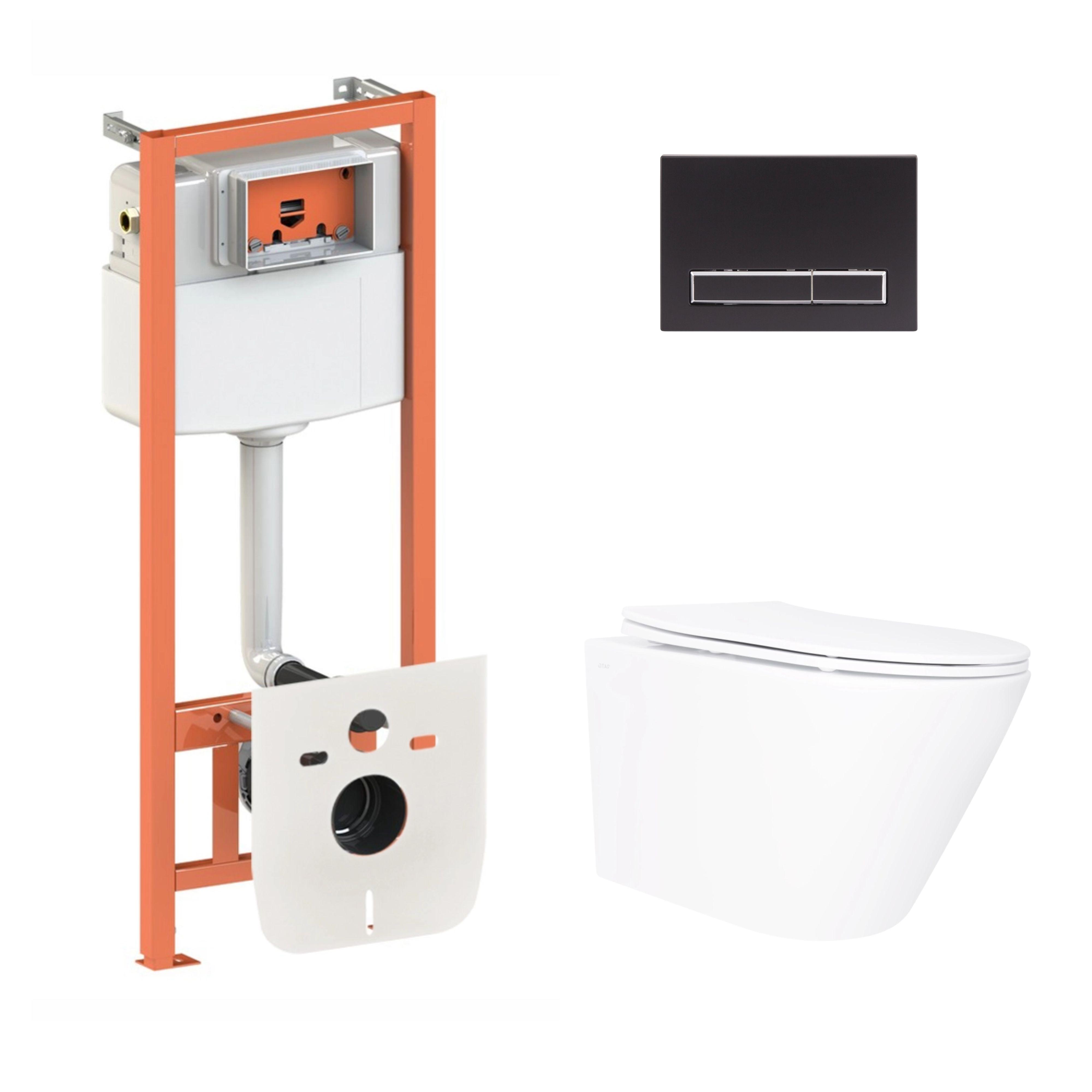 Комплект инсталляции Q-tap ​​Nest 4в1 унитаз подвесной Swan Ultra Quiet 520х360х320 мм/линейная клавиша Black Matt (32810211)