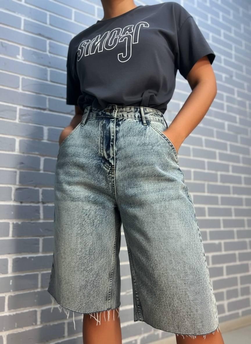 Шорти жіночі джинсові SL Denim 1001 бермуди SKATER косі кишені обрізані р. 38 Блакитний (2481)