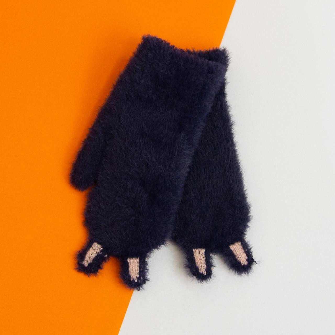 Варежки детские на 8 - 9 - 10 - 11 - 12 лет для девочек зимние с ушками зайчика Синий (20-25-16)