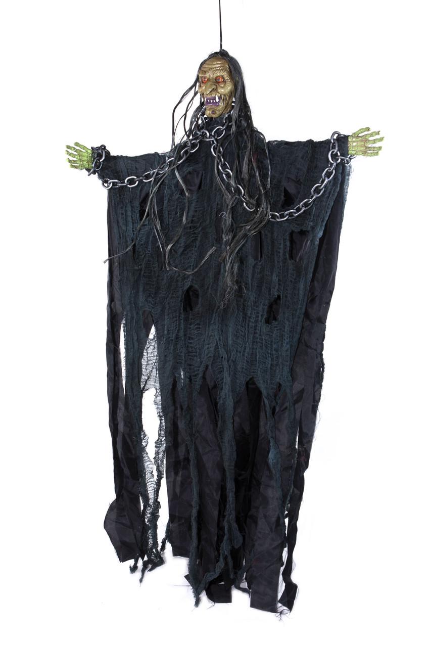 Декор Баба-яга з ланцюгами в сірому зі звуком і руками що рухаються на Хелловін 95 см