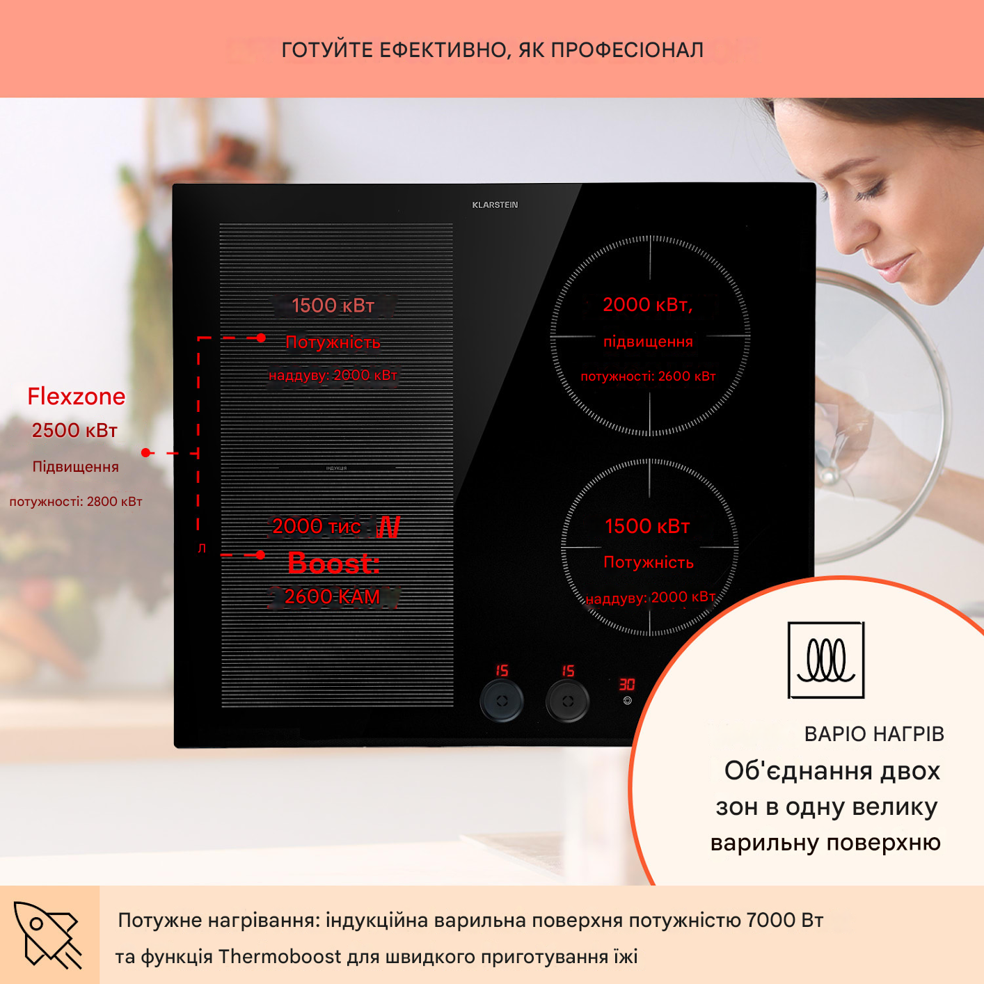 Индукционная варочная поверхность встраиваемая Klarstein Magnichef 4 Flex 7000 Вт (10041381) - фото 2 Индукционная варочная поверхность встраиваемая Klarstein Magnichef 4 Flex 7000 Вт (10041381) - фото 2