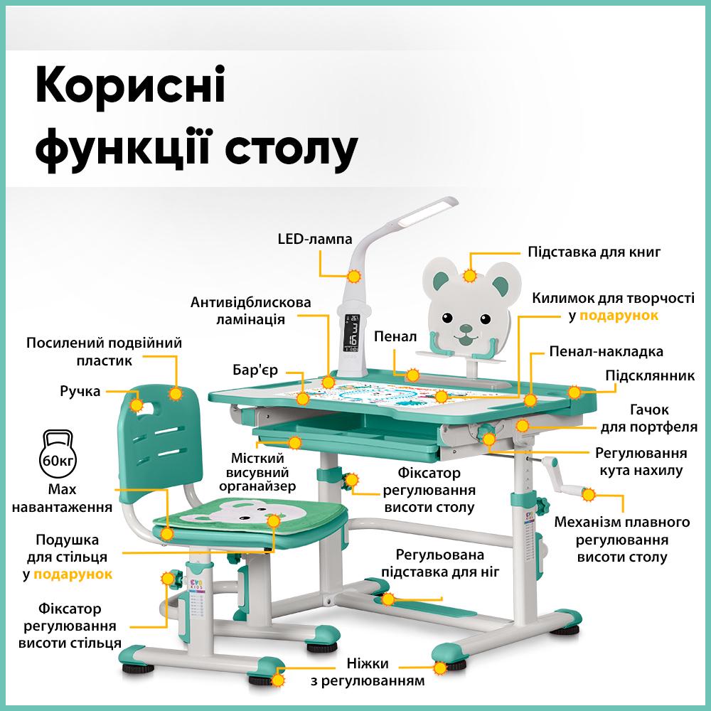 Парта детская школьная со стулом Evo-kids BD-04 Z XL Teddy с лампой Зеленый - фото 12 Парта детская школьная со стулом Evo-kids BD-04 Z XL Teddy с лампой Зеленый - фото 12