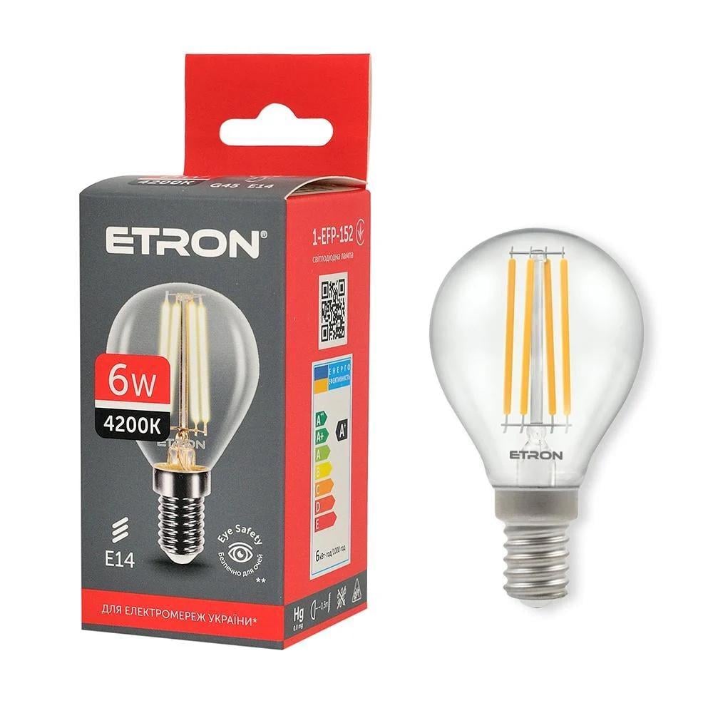 LED-лампа філаментна ETRON прозора G45 6W E14 4200K Нейтральний білий (1-EFP-152)