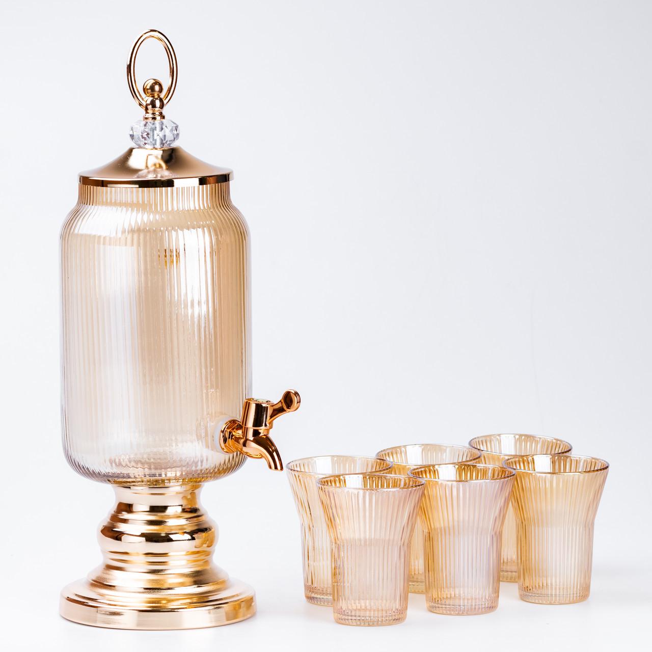 Лимонадница стеклянная с краном на металлической ножке с 6 стаканами 2 л - фото 2