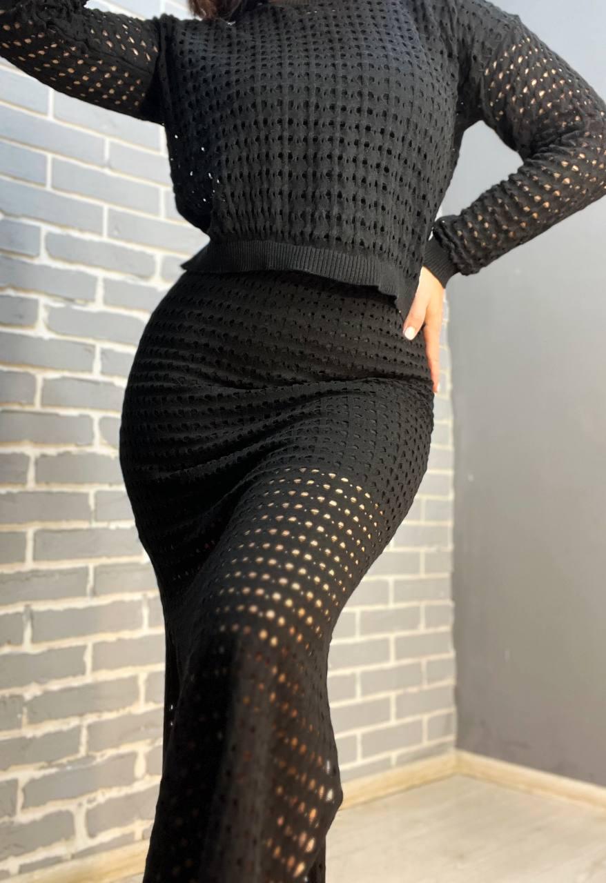 Костюм женский MINTAS 4204-2414 ажурная вязка реглан с юбкой OS Черный (1884) - фото 2 Костюм женский MINTAS 4204-2414 ажурная вязка реглан с юбкой OS Черный (1884) - фото 2