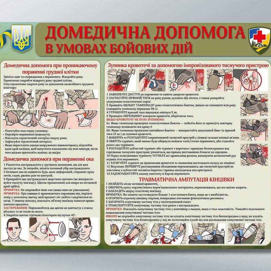 Інформаційний стенд Домедична допомога в умовах бойових дій 1000х800 мм з ламінацією 3 мм (56659)