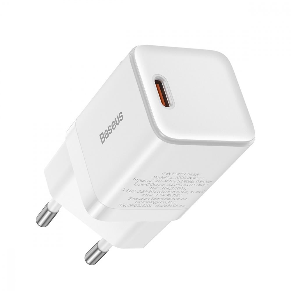 Зарядний пристрій мережевий BASEUS GaN3 Fast Charger 30W 1 Type-C Білий (36715 white)
