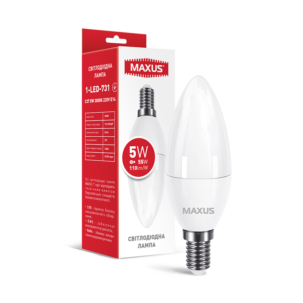 Лампа світлодіодна MAXUS C37 5W 3000K 220V E14 1-LED-731 (2221395465)
