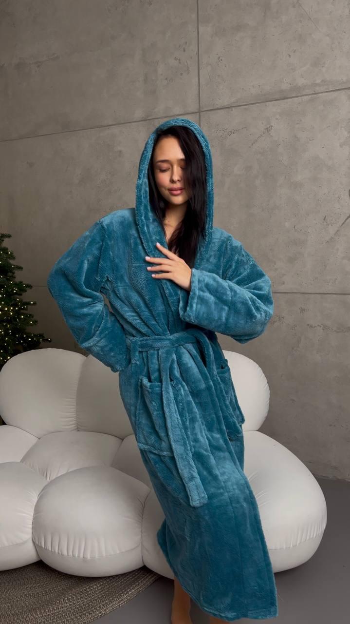 Халат для дома длинный махровый 6XL Темно-бирюзовый (62-64) - фото 2 Халат для дома длинный махровый 6XL Темно-бирюзовый (62-64) - фото 2