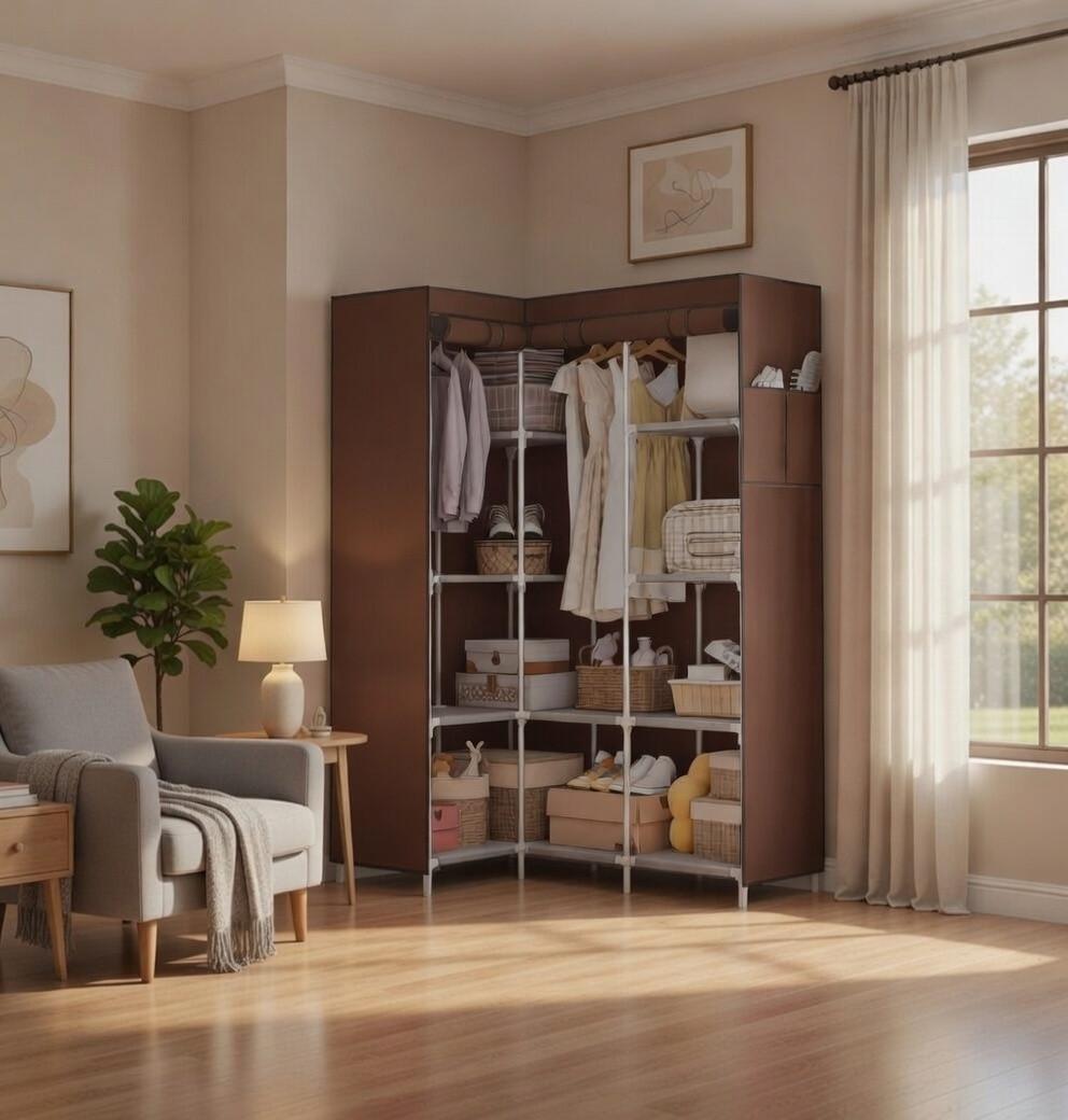 Тканный шкаф каркасный угловой складной для одежды и обуви Коричневый (2734849035)