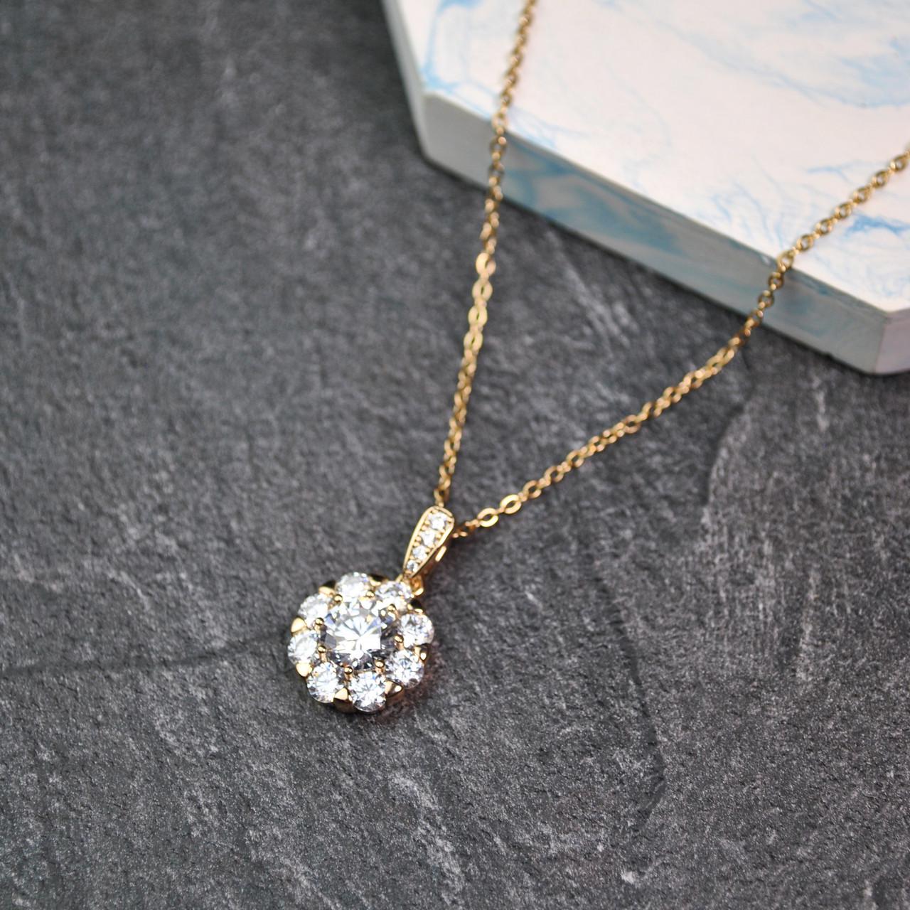 Кулон цветок с фианитами на цепочке медицинская сталь позолота (x233-2)