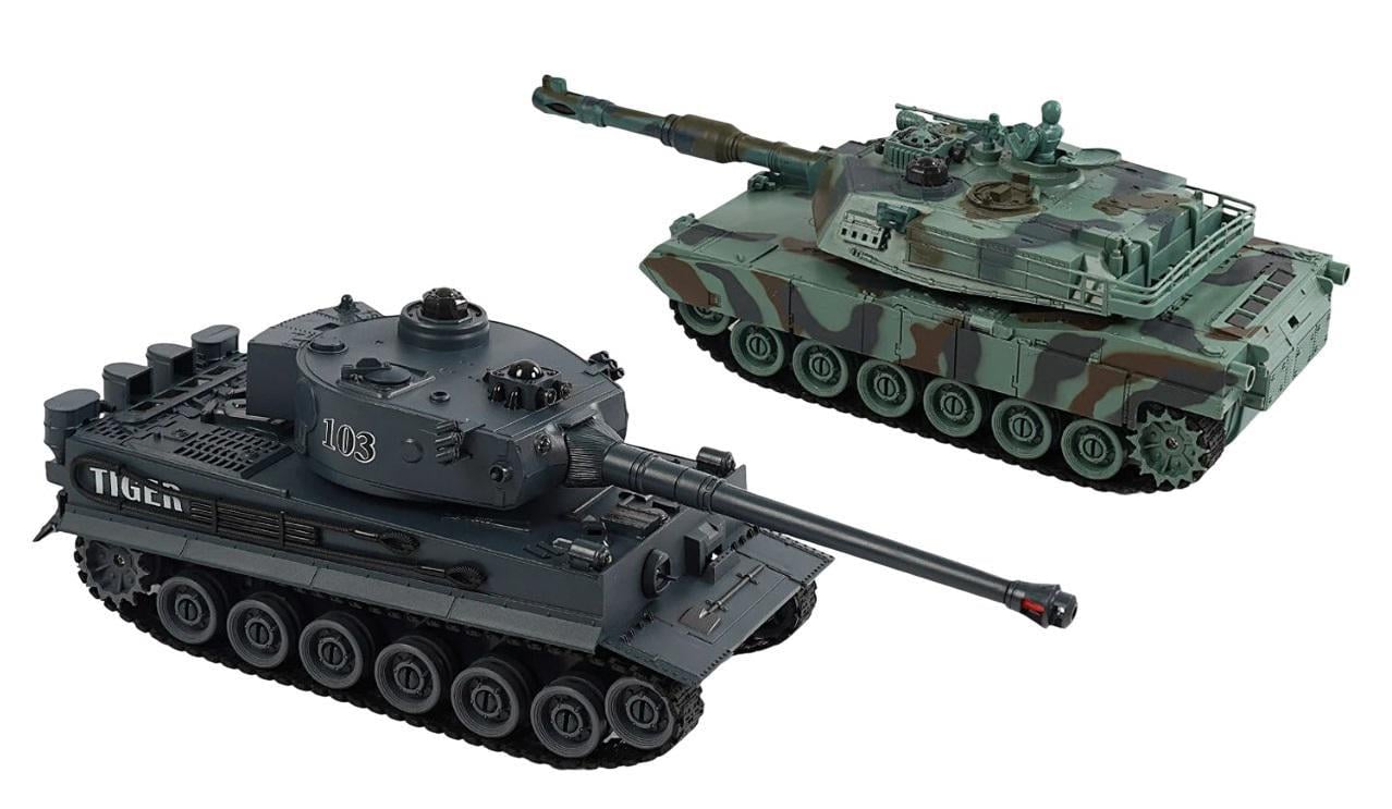 Набор для танкового боя на радиоуправлении аккумуляторы 4,8 V/пульты 2,4 GMHz/со звуковыми эффектами/резиновые гусеницы Хаки (36822)