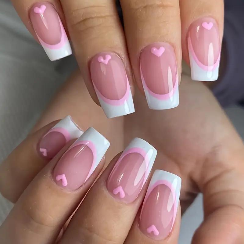 Нігті накладні френч із сердечками з клейовими пластинами 24 шт. Білий з рожевим (27086309) - фото 2 Нігті накладні френч із сердечками з клейовими пластинами 24 шт. Білий з рожевим (27086309) - фото 2