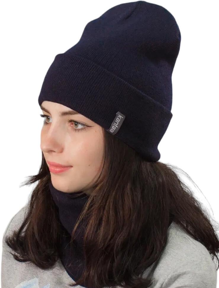 Шапка и баф с отворотом и подкладкой Темно-синий (2139888727)