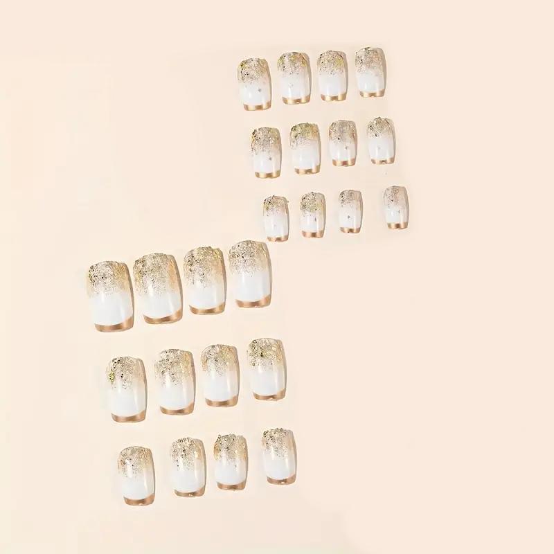 Накладные ногти Сверкающий френч квадрат средней длины с клеевыми пластинами 24 шт. Золотистый (2789190692) - фото 6