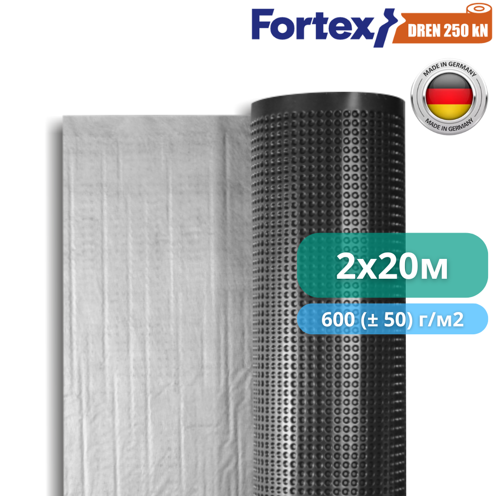 Мембрана для фундамента дренажная с геотекстилем Fortex Dren 250 кН 2x20 м 40 м2 (340050) - фото 9