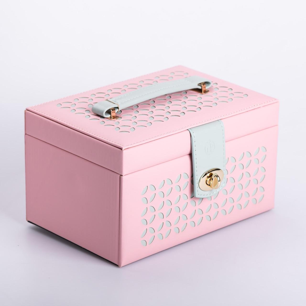 Шкатулка для украшений из эко кожи 3 яруса с зеркалом Розовый