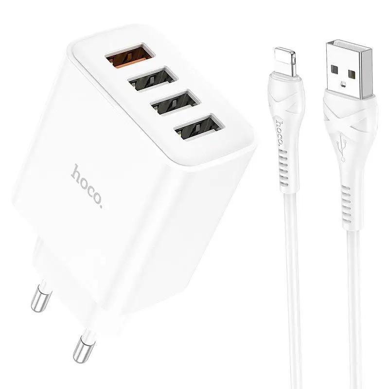 Зарядное устройство HOCO C102A Fuerza 4USB QC3.0 с кабелем Lightning White (019795)