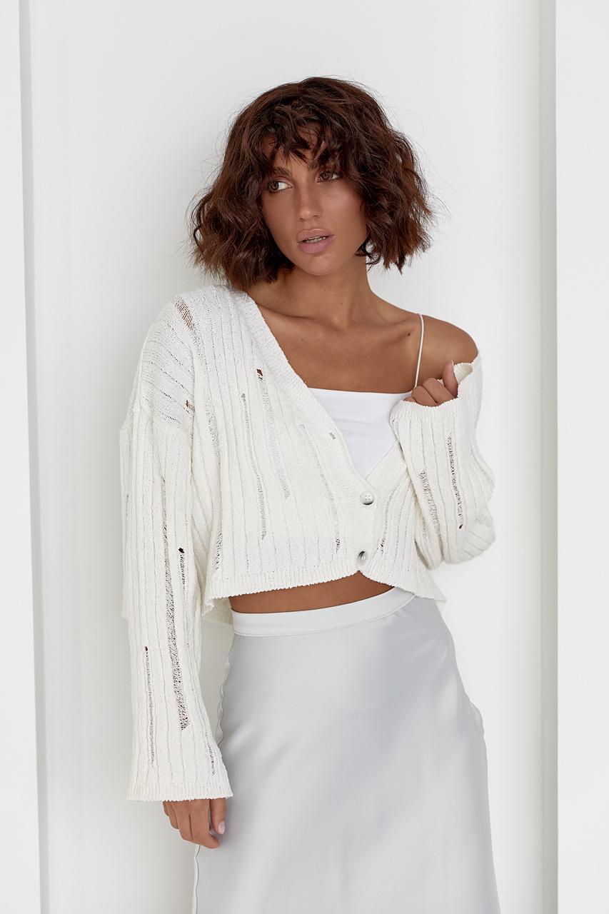 Кардиган укороченный с рваной вязкой L Молочный (11643844) - фото 7 Кардиган укороченный с рваной вязкой L Молочный (11643844) - фото 7