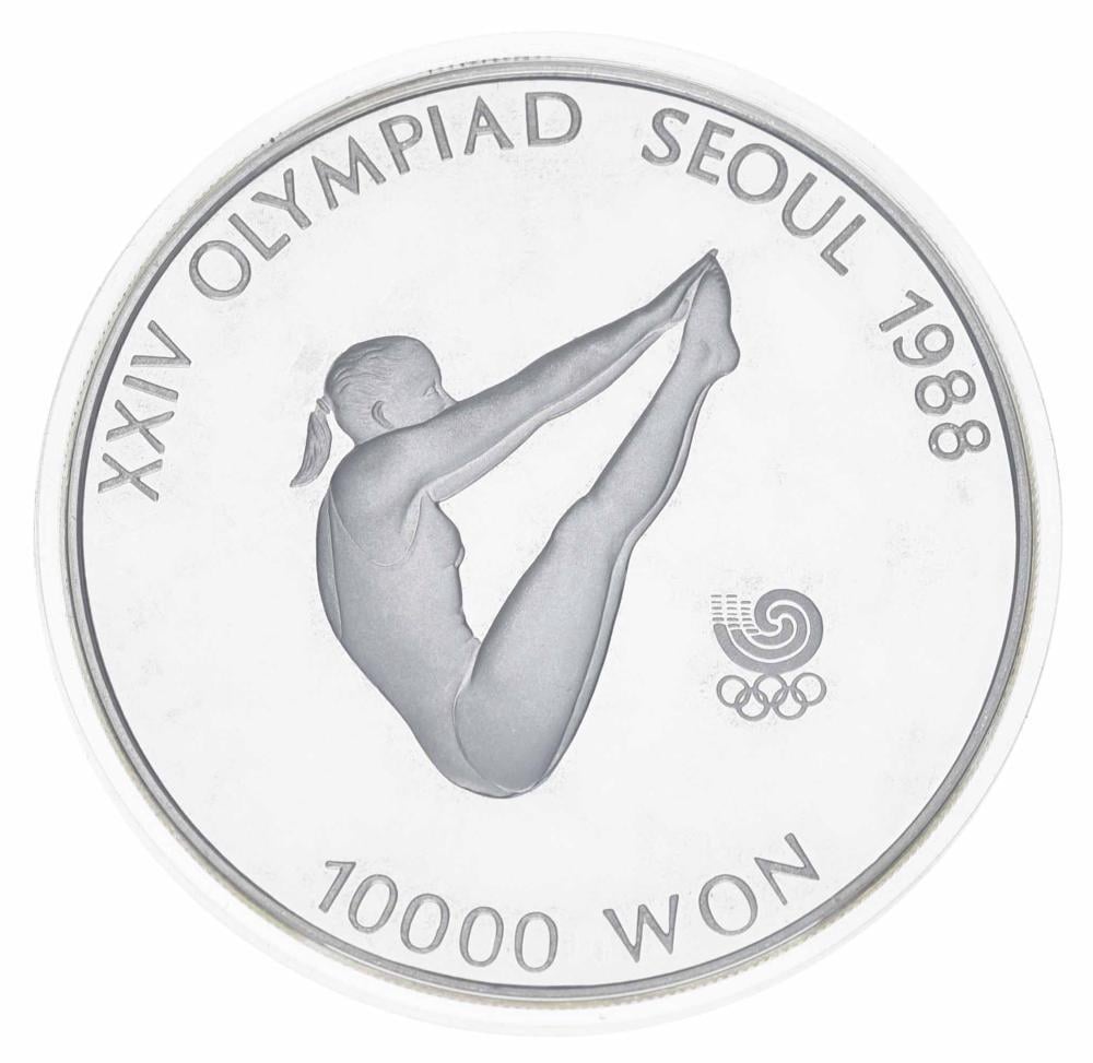 Коллекционная монета Южная Корея 10000 вон 1987 Серебро Proof XXIV летние Олимпийские игры в р. Сеул 1988-Прыжки в воду (М23339)