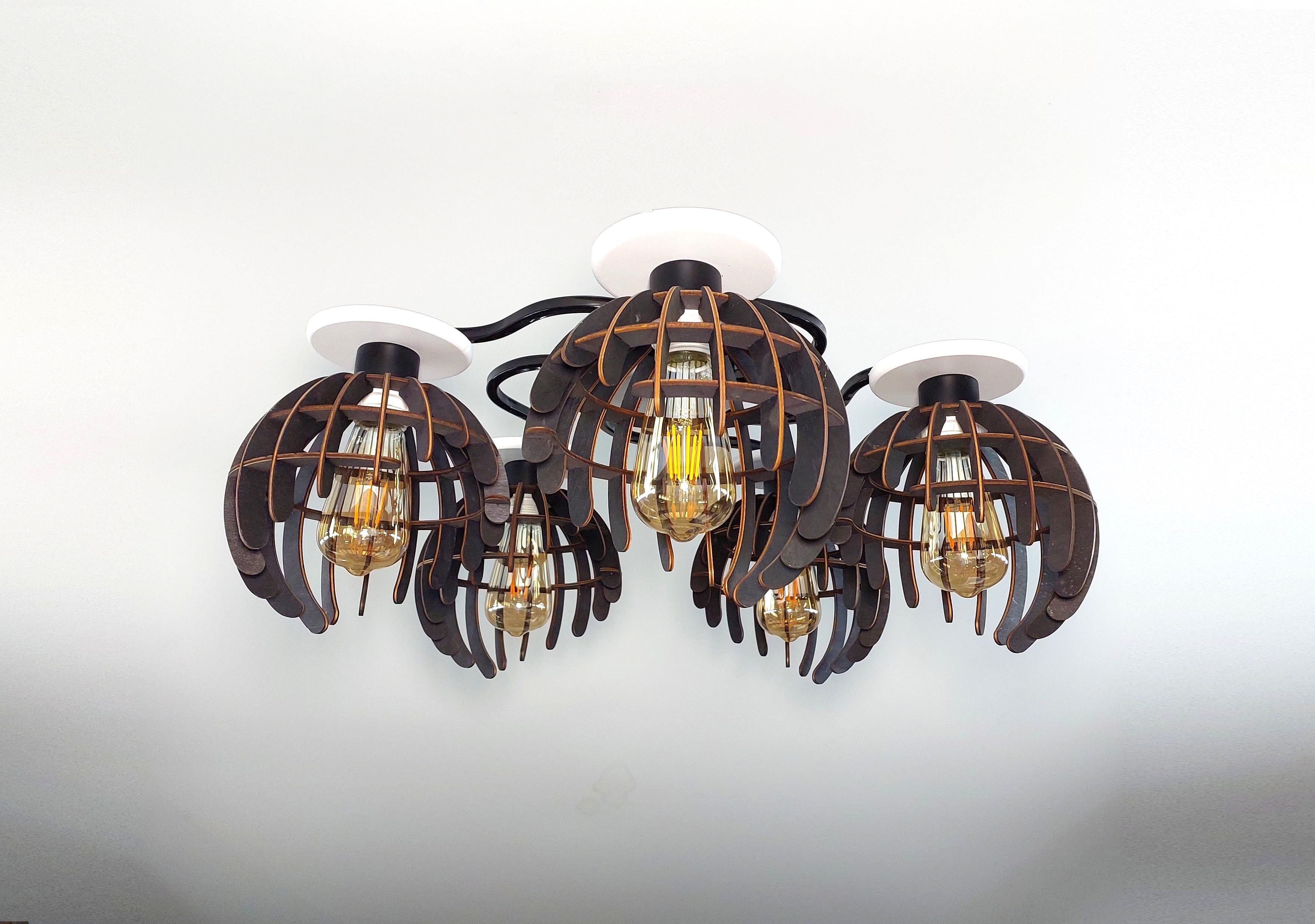 Люстра в стиле лофт на 5 лампочек с деревяными плафонами Черный (4345-12)