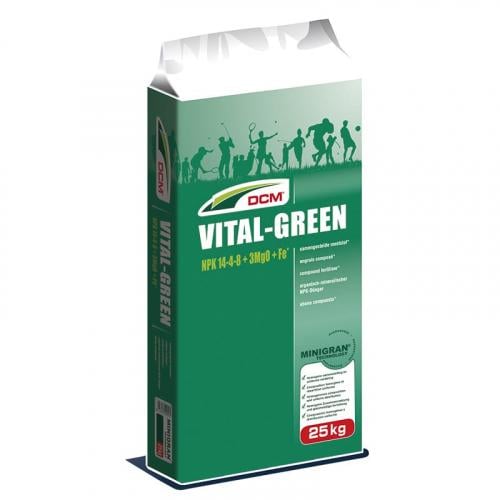 Добриво DCM VITAL Green NPK 14-4-8+3 MgO+Fe Весна-літо органічно-мінеральне для газону 25 кг (12110385)