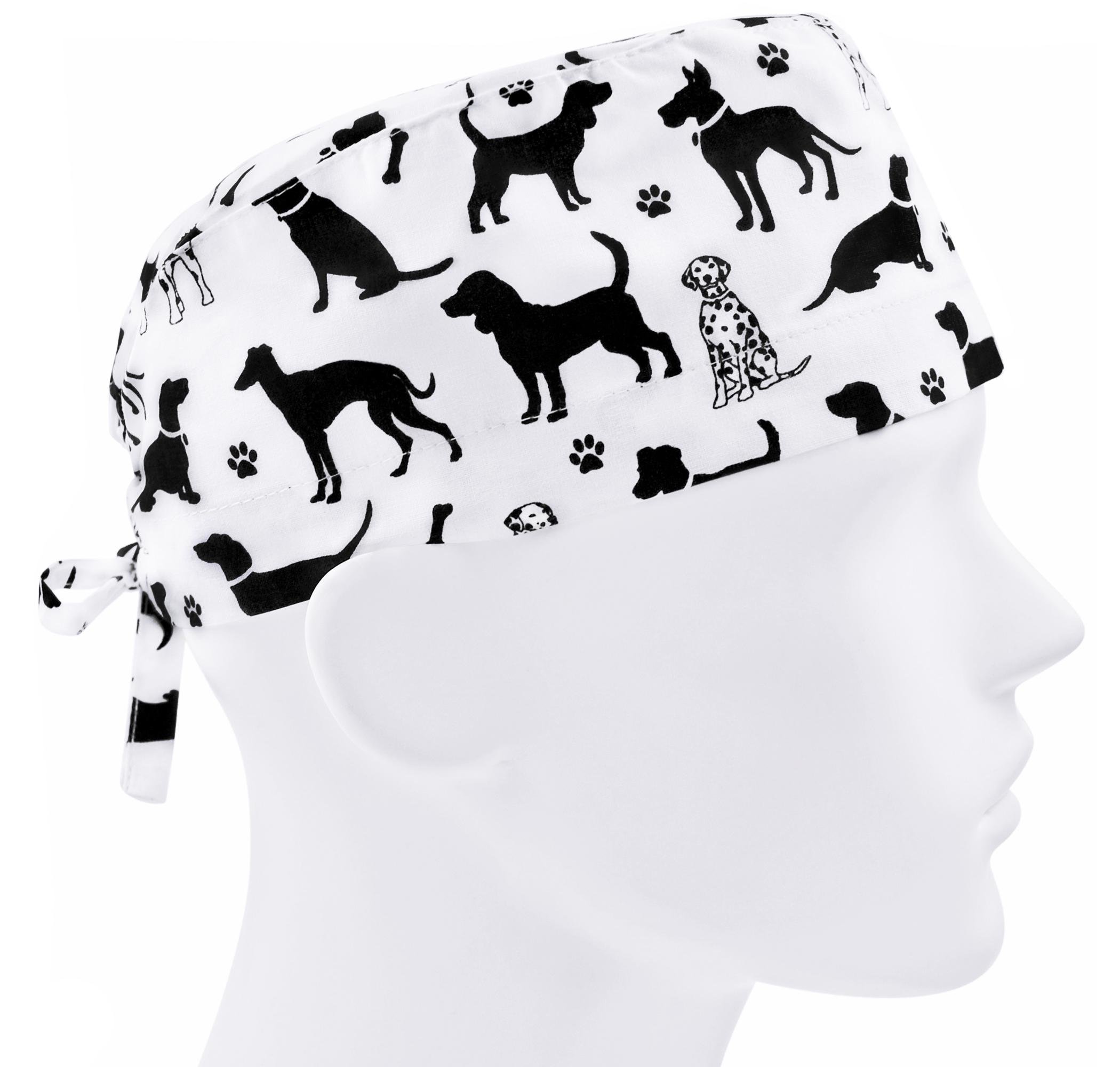 Шапочка медицинская мужская FloralScrubs Черные собачки на белом универсальная (М062)