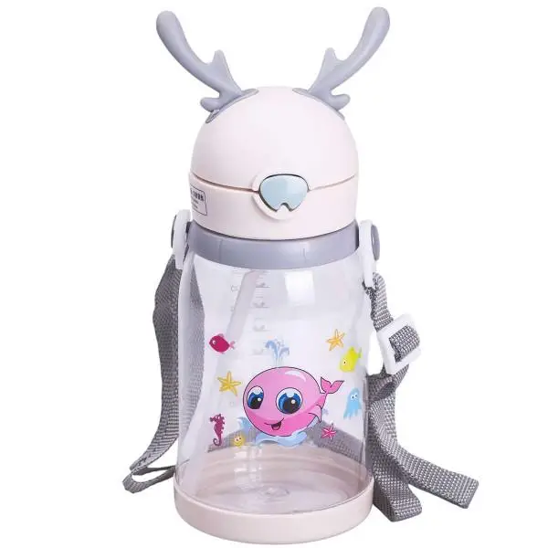 Детская бутылка для воды с трубочкой и ремешком YIWU HP-14-44BE 550 мл Бежевый (HP-14-44BE)