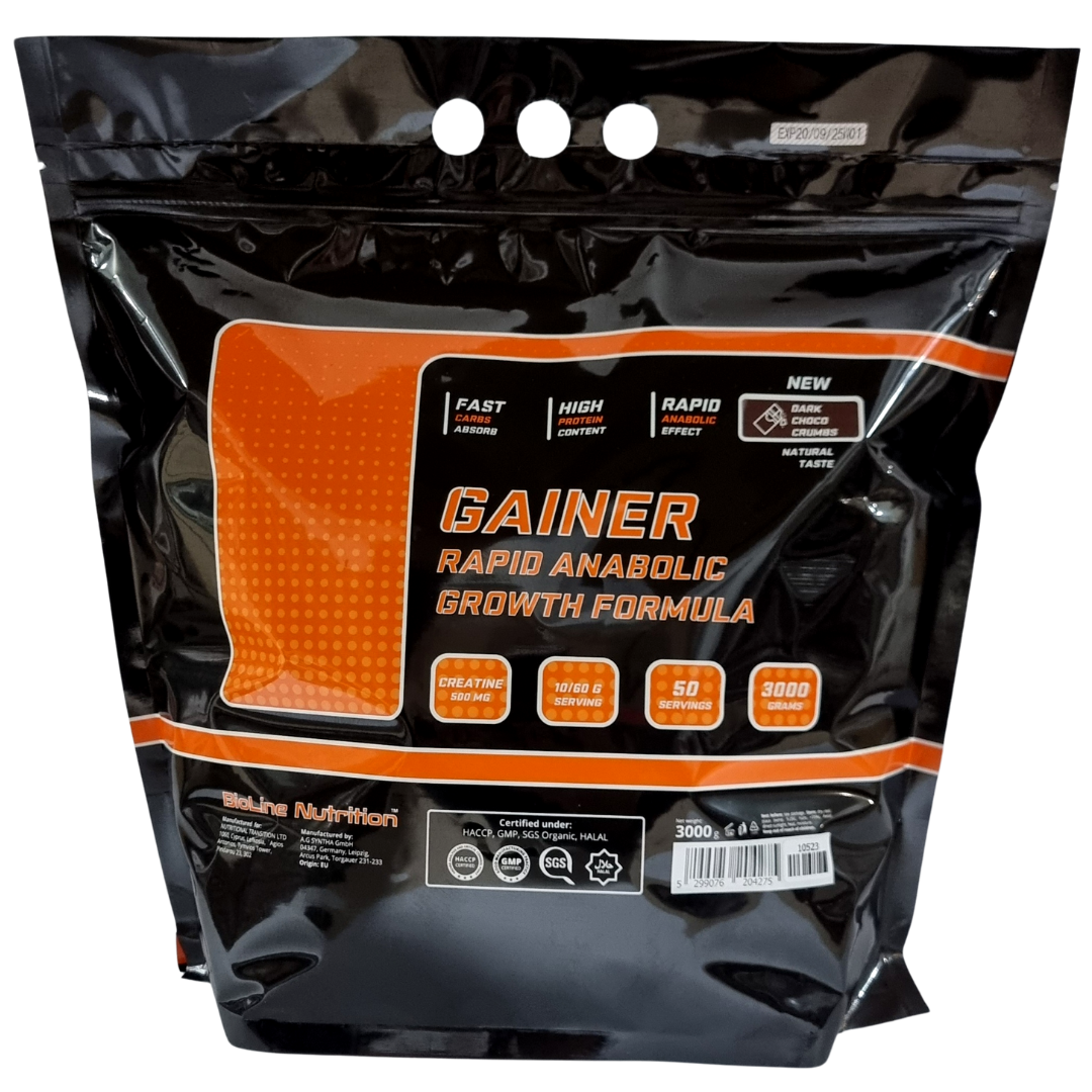 Гейнер для набору маси з креатином і вітамінами Gainer Rapid Anabolic Growth Formula Bioline Nutrition Чорний шоколад 3 кг (13666730)