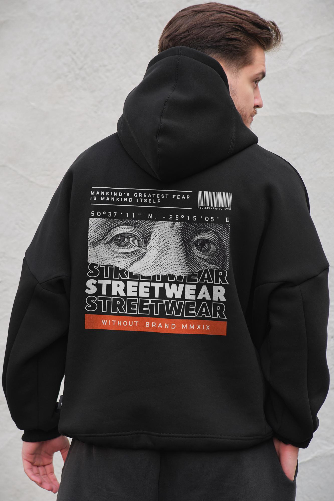 Худи мужское Without на флисе с капюшоном и принтом Streetwear оверсайз Black (8049376)