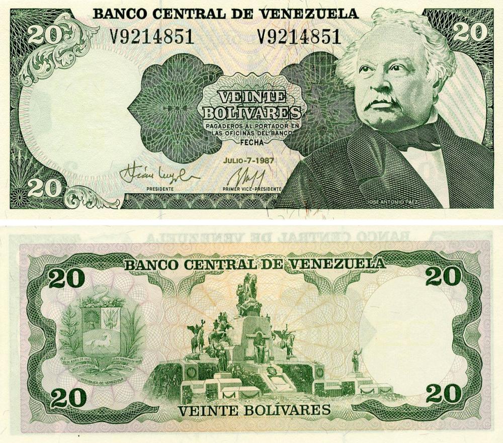 Коллекционная банкнота Венесуэла 20 боливаров 1987 UNC (P64A)