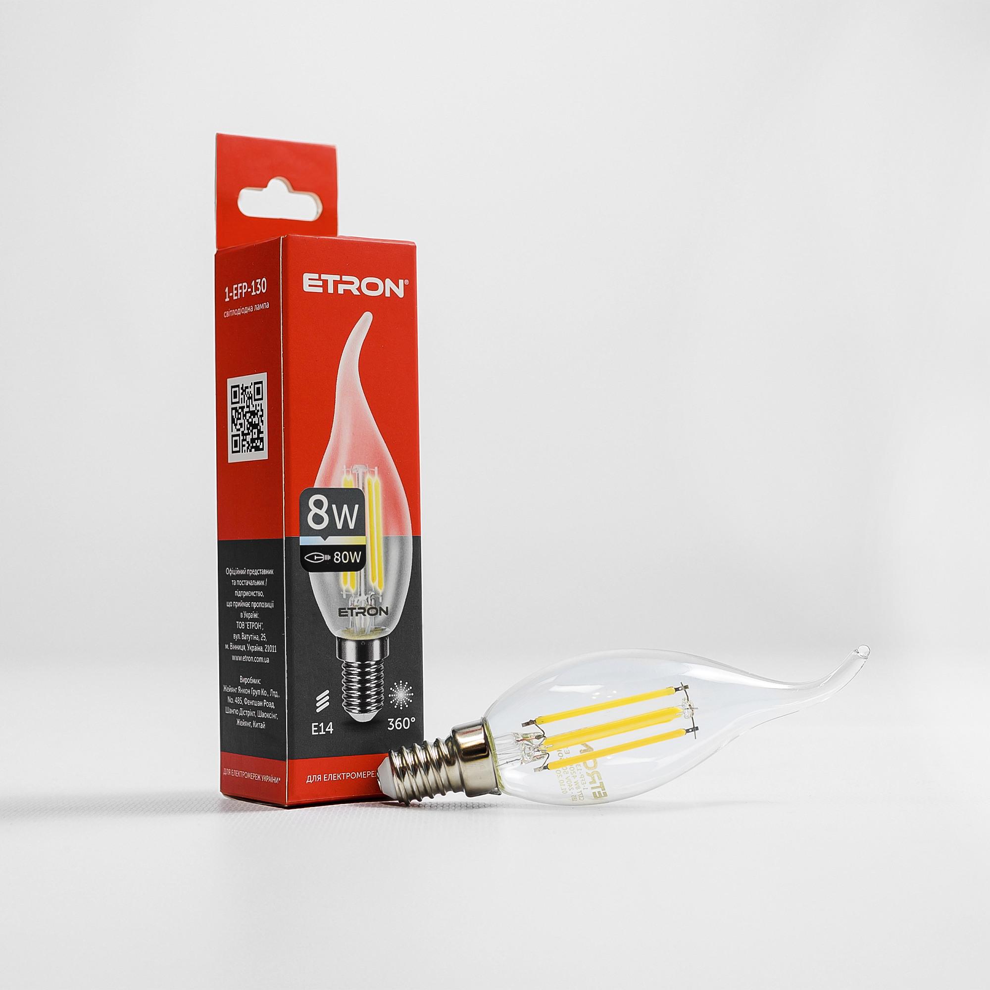 Лампа LED ETRON Filament С37 tailed E14 8W 4200K прозрачное стекло 1-EFP-130 (3336754)