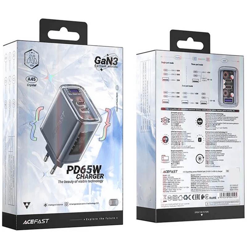 Зарядний пристрій мережевий Acefast A45 Exploration series PD65W GaN 2USB-C+USB-A Mica gray (00000065890_2) - фото 4 Зарядний пристрій мережевий Acefast A45 Exploration series PD65W GaN 2USB-C+USB-A Mica gray (00000065890_2) - фото 4